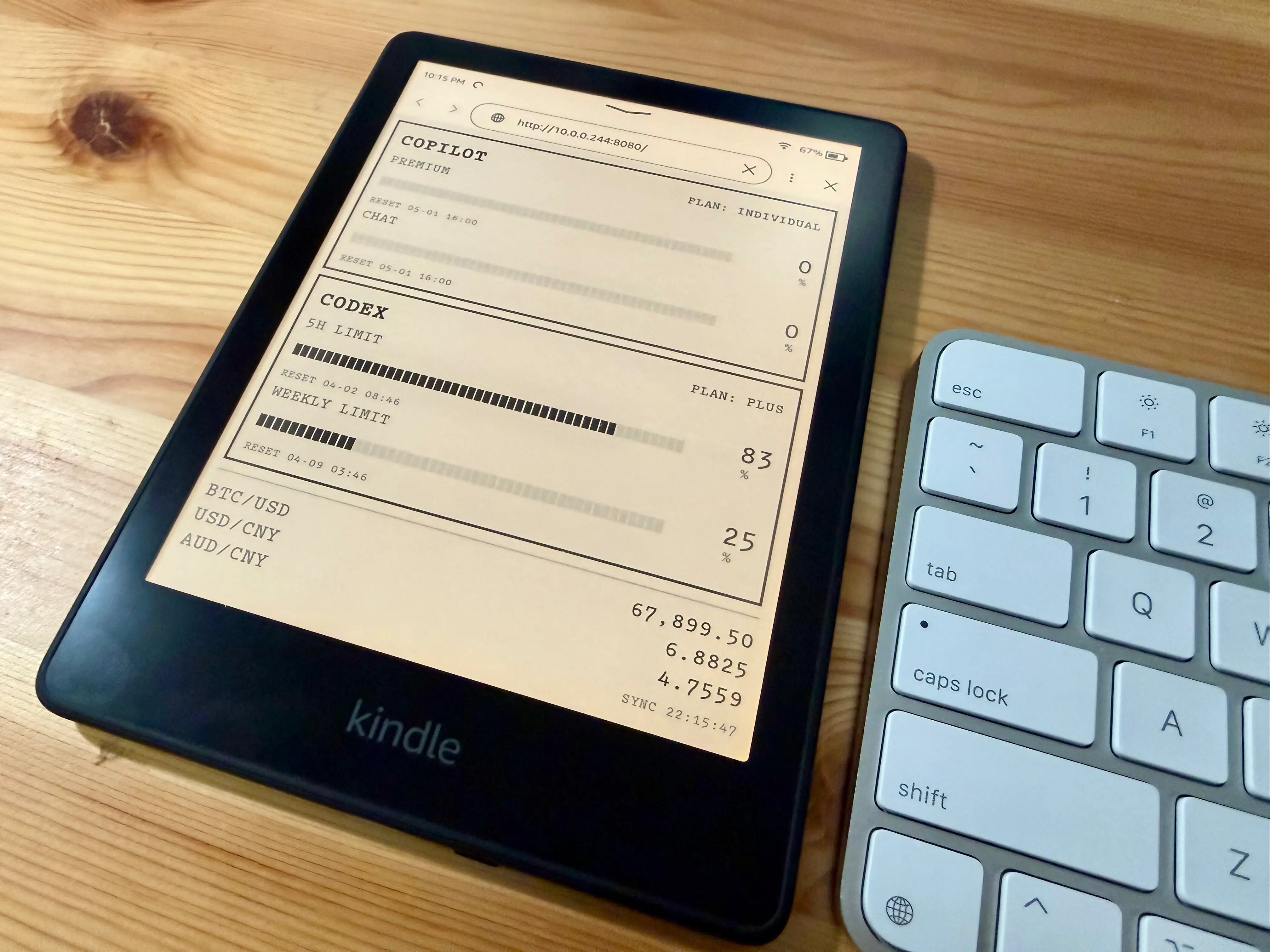 EinkDashboard showing weather, calendar and tasks on a Kindle