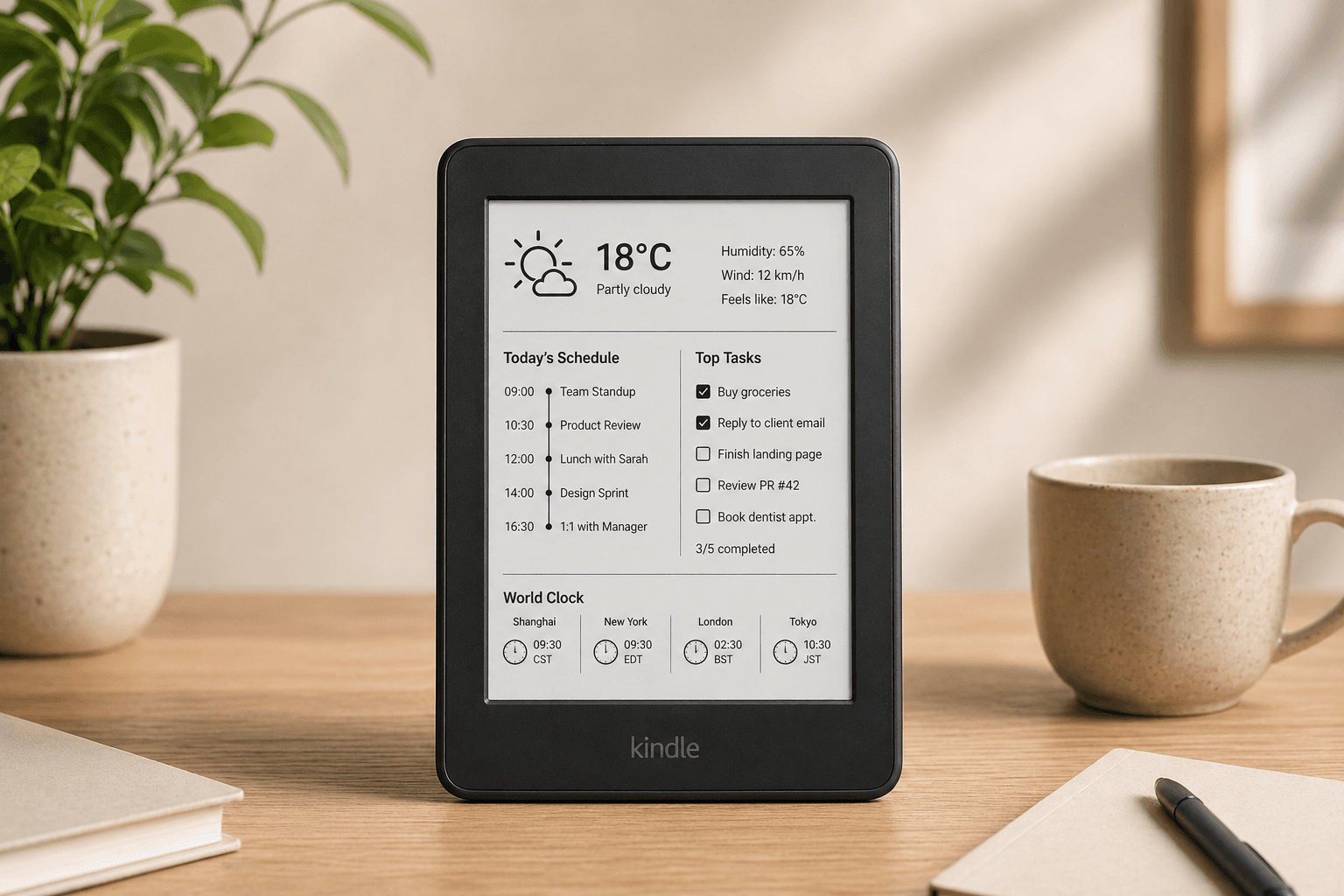 Sample EinkDashboard showing weather, calendar, tasks, and world clocks on an e-ink display